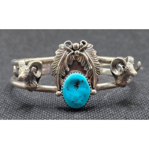Running Bear RB Navajo Bracelet Sterling Turquoise Squash Blossom Longhorn Sheep